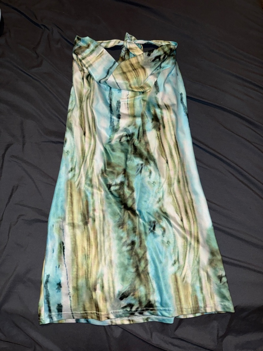 Sleeveless Aqua and Olive Tie-Dye Halter Dress
